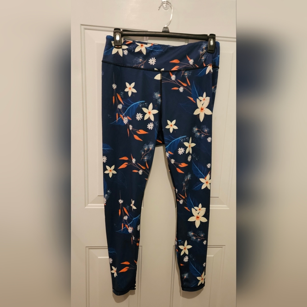Blue, White & Orange Floral Leggings with Nature-Inspired Design